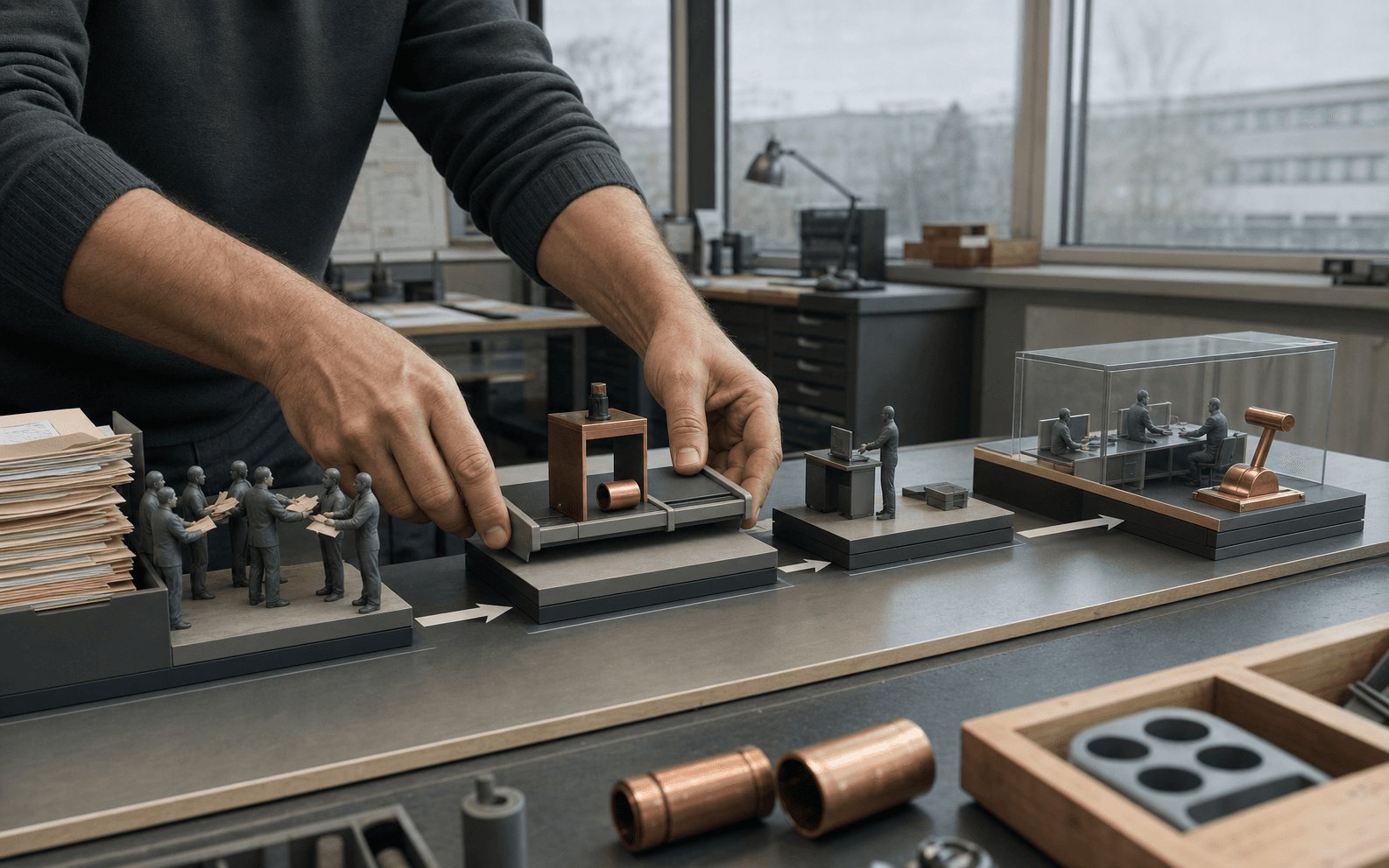 Industrielle Prozesswerkbank mit begrenztem Pilotmodul zwischen Engpass, Prüfung und kontrollierter Übergabe